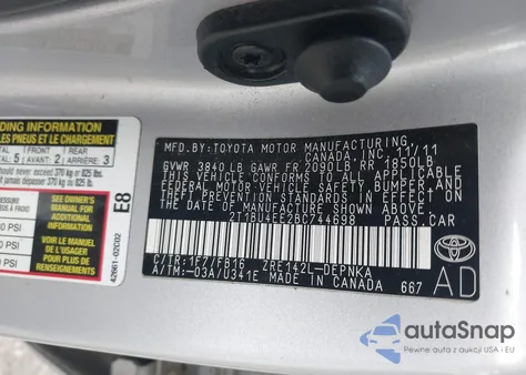 2011 Toyota Corolla Le из США, поврежденный, VIN 2T1BU4EE2BC744698